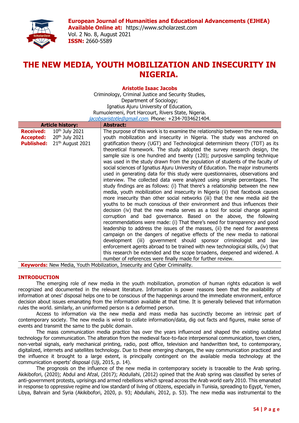 The New Media, Youth Mobilization and Insecurity in Nigeria