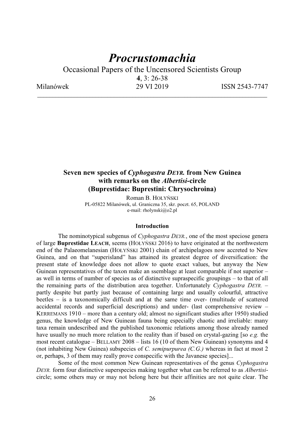 Seven New Species of Cyphogastra DEYR. from New Guinea with Remarks on the Albertisi-Circle (Buprestidae: Buprestini: Chrysochroina) Roman B