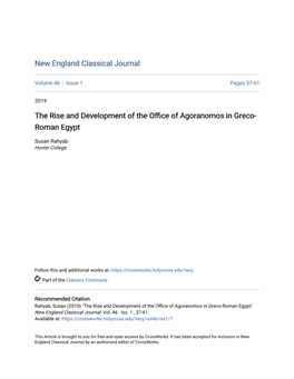 The Rise and Development of the Office of Agoranomos in Greco- Roman Egypt