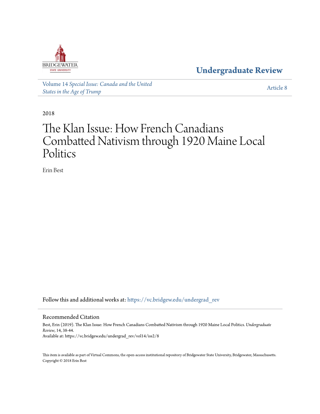 How French Canadians Combatted Nativism Through 1920 Maine Local Politics Erin Best