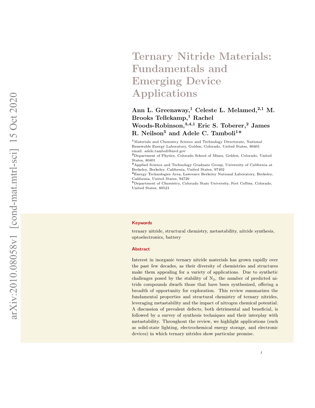 Ternary Nitride Materials: Fundamentals and Emerging Device Applications Arxiv:2010.08058V1 [Cond-Mat.Mtrl-Sci] 15 Oct 2020