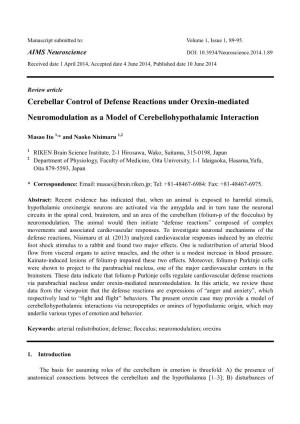 Cerebellar Control of Defense Reactions Under Orexin-Mediated Neuromodulation As a Model of Cerebellohypothalamic Interaction