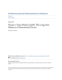 Poyner V. Erma Werke Gmbh: the Long-Arm Statute As a Protectionist Device Rhonda S