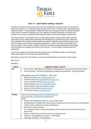 Year 11 – Post Easter Reading / Research