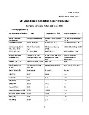CIF Stock Recommendation Report (Fall 2012)