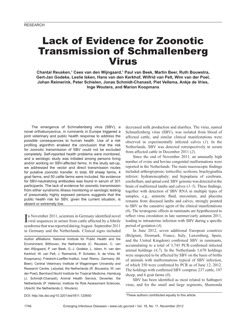 Lack of Evidence for Zoonotic Transmission of Schmallenberg Virus