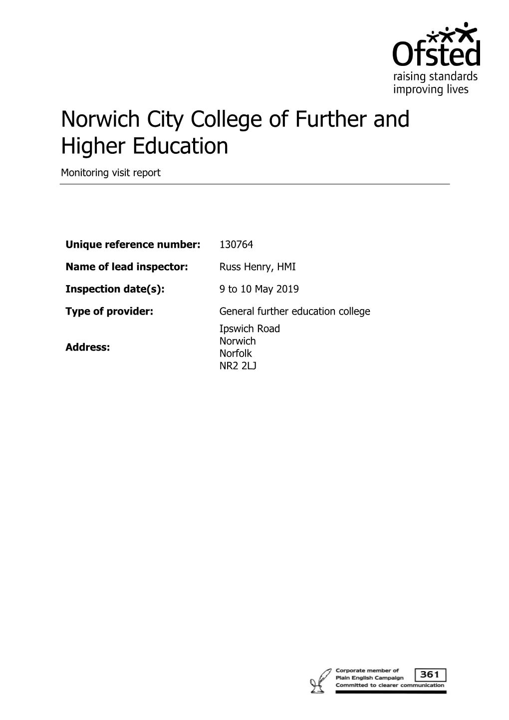 Norwich City College of Further and Higher Education Monitoring Visit Report