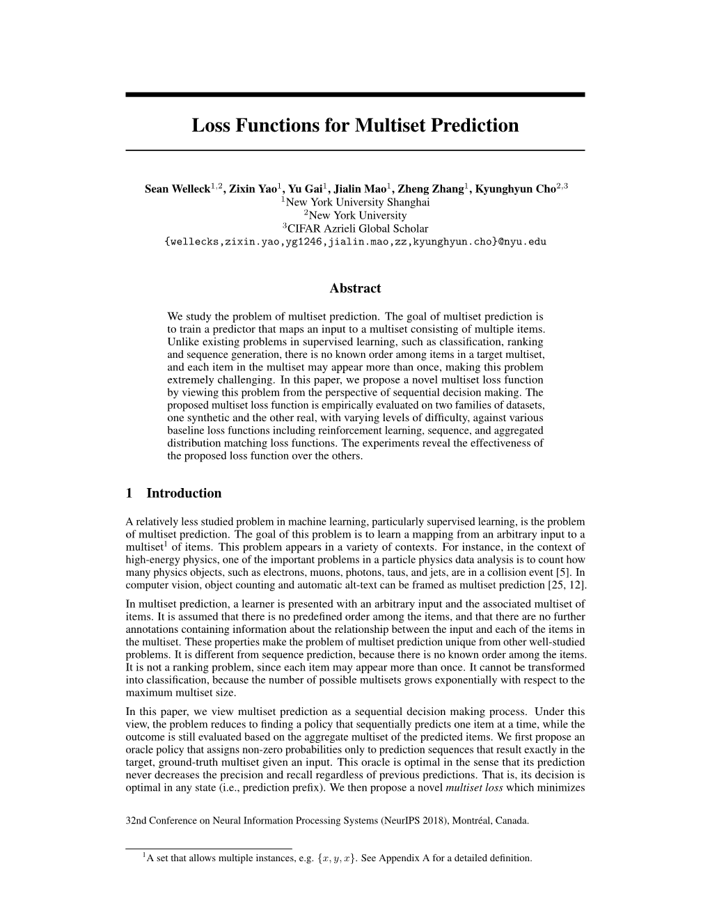 Loss Functions for Multiset Prediction