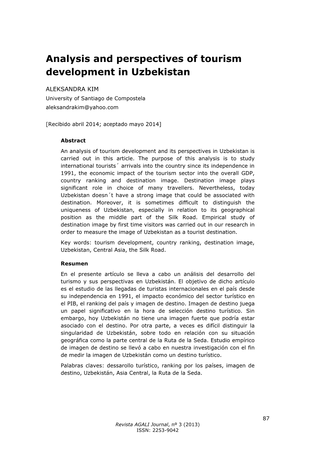 Analysis and Perspectives of Tourism Development in Uzbekistan