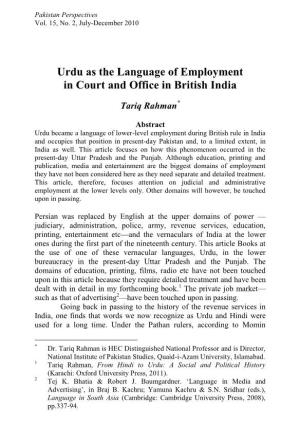Urdu As the Language of Employment in Court and Office in British India
