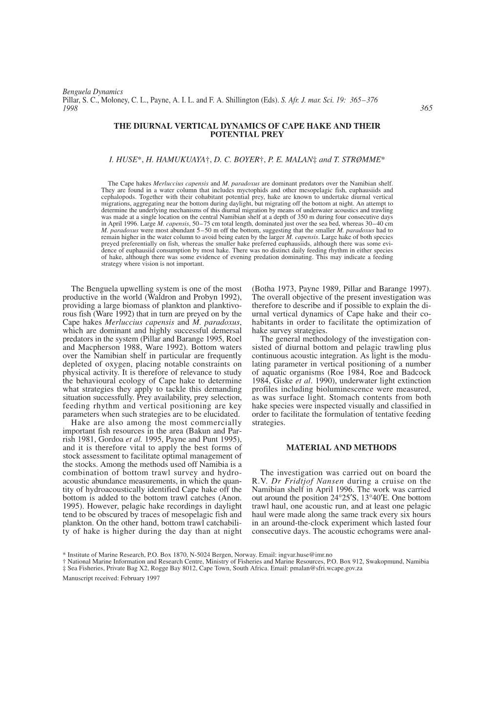 The Benguela Upwelling System Is One of the Most (Botha 1973, Payne 1989, Pillar and Barange 1997)