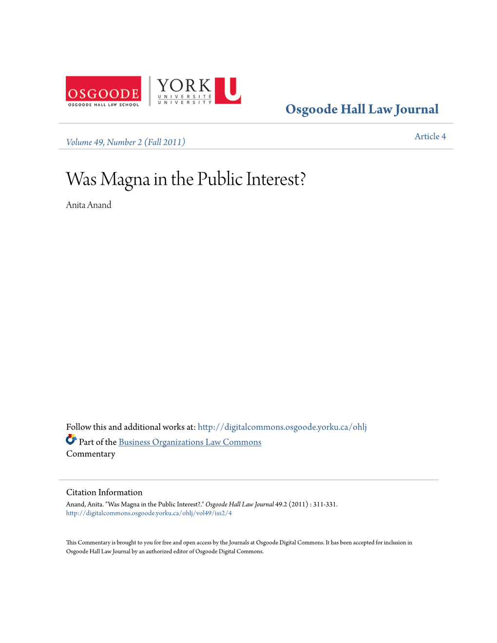 Was Magna in the Public Interest? Anita Anand