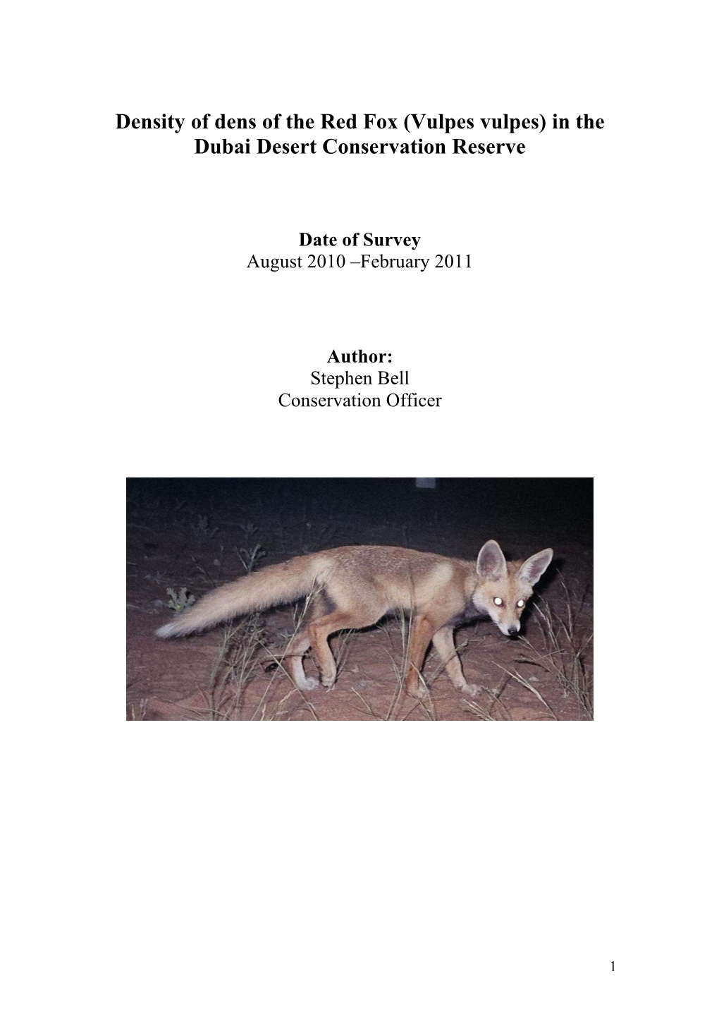 Density of Dens of the Red Fox (Vulpes Vulpes) in the Dubai Desert Conservation Reserve