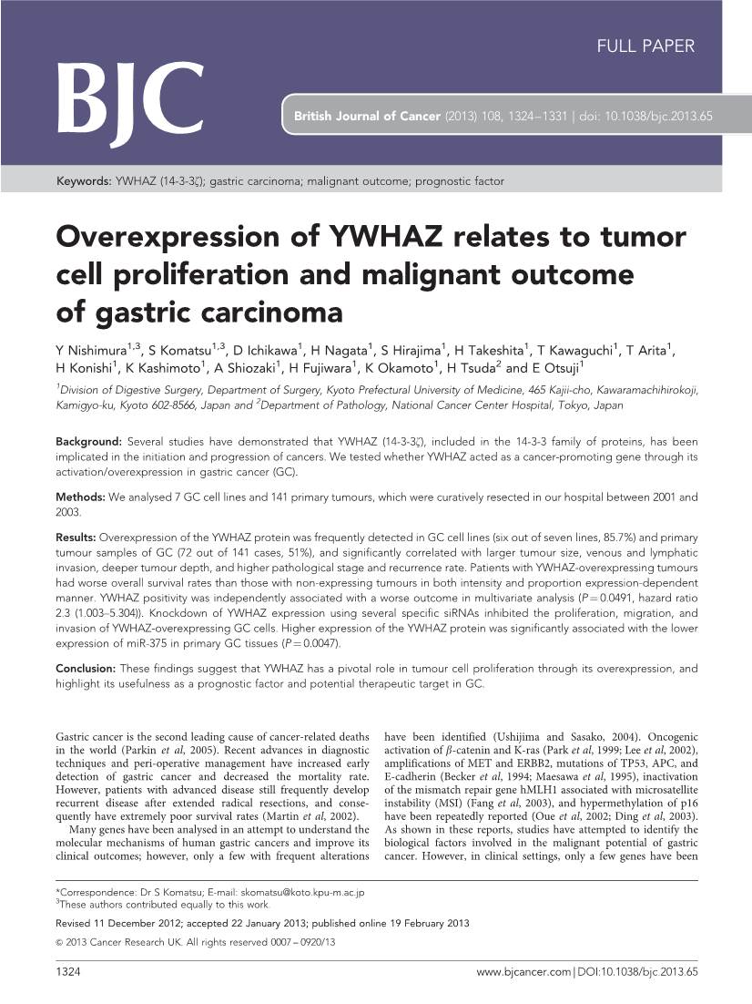 Overexpression of YWHAZ Relates to Tumor Cell Proliferation and Malignant Outcome of Gastric Carcinoma