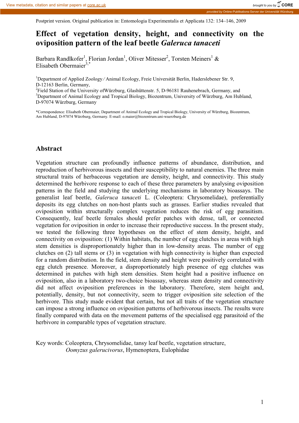 Effect of Vegetation Density, Height, and Connectivity on the Oviposition Pattern of the Leaf Beetle Galeruca Tanaceti