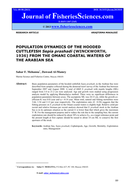 POPULATION DYNAMICS of the HOODED CUTTLEFISH Sepia Prashadi (WINCKWORTH, 1936) from the OMANI COASTAL WATERS of the ARABIAN SEA