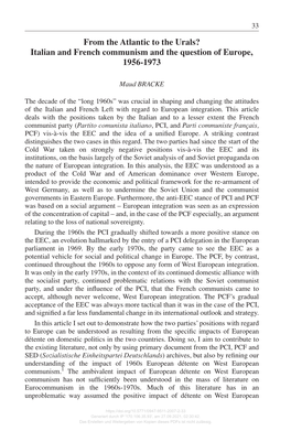 From the Atlantic to the Urals? Italian and French Communism and the Question of Europe, 1956-1973