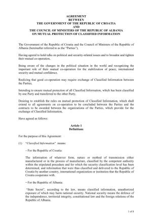 Agreement Between the Government of the Republic of Croatia and the Council of Ministers of the Republic of Albania on Mutual Protection of Classified Information