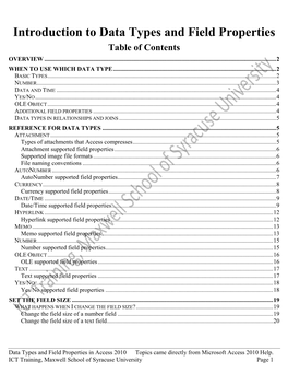Introduction to Data Types and Field Properties Table of Contents OVERVIEW