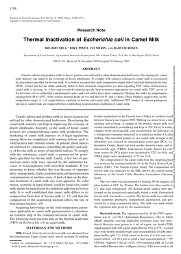 Thermal Inactivation of Escherichia Coli in Camel Milk