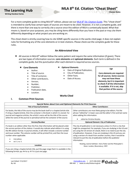 MLA 8Th Ed. Citation “Cheat Sheet” the Learning Hub Citation Styles Writing Handout Series