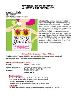 Calendar Girls by Tim Firth Directed by Michael Donahue
