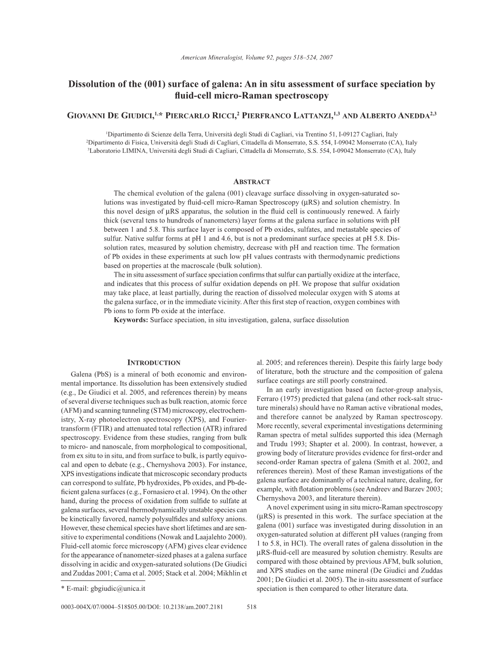 Dissolution of the (001) Surface of Galena: an in Situ Assessment of Surface Speciation by ß Uid-Cell Micro-Raman Spectroscopy