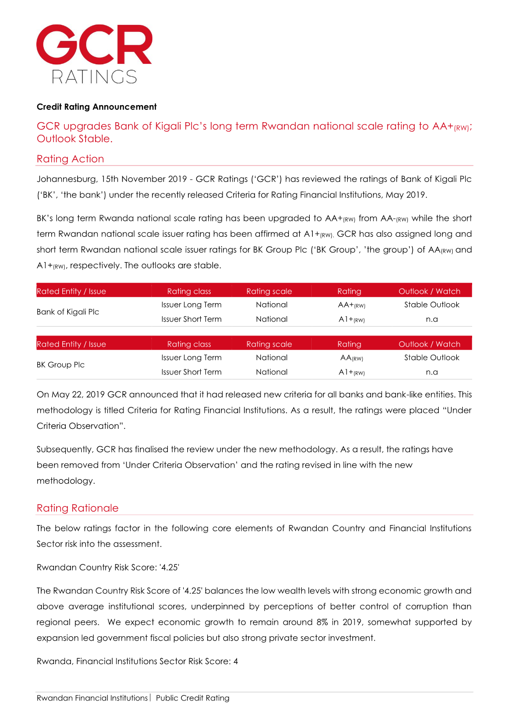 GCR Upgrades Bank of Kigali Plc's Long Term Rwandan National Scale Rating to AA+(RW); Outlook Stable. Rating Action Rating Ra