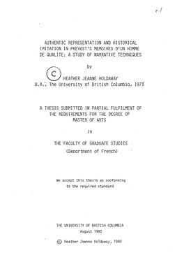 Authentic Representation and Historical Imitation in Prevost's Memoi Res D'un Homme De Qualite: a Study of Narrative Techniques