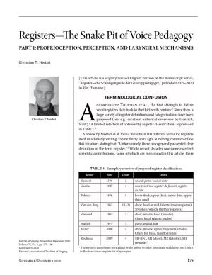 Registers—The Snake Pit of Voice Pedagogy PART 1: PROPRIOCEPTION, PERCEPTION, and LARYNGEAL MECHANISMS