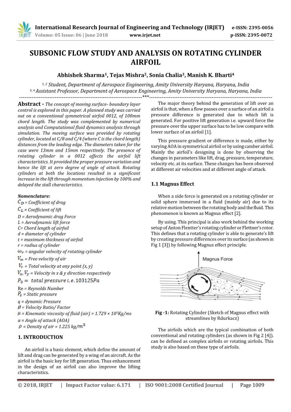 Subsonic Flow Study and Analysis on Rotating Cylinder Airfoil