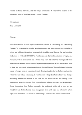 Famine, Exchange Networks, and the Village Community. a Comparative Analysis of the Subsistence Crises of the 1740S and the 1840S in Flanders