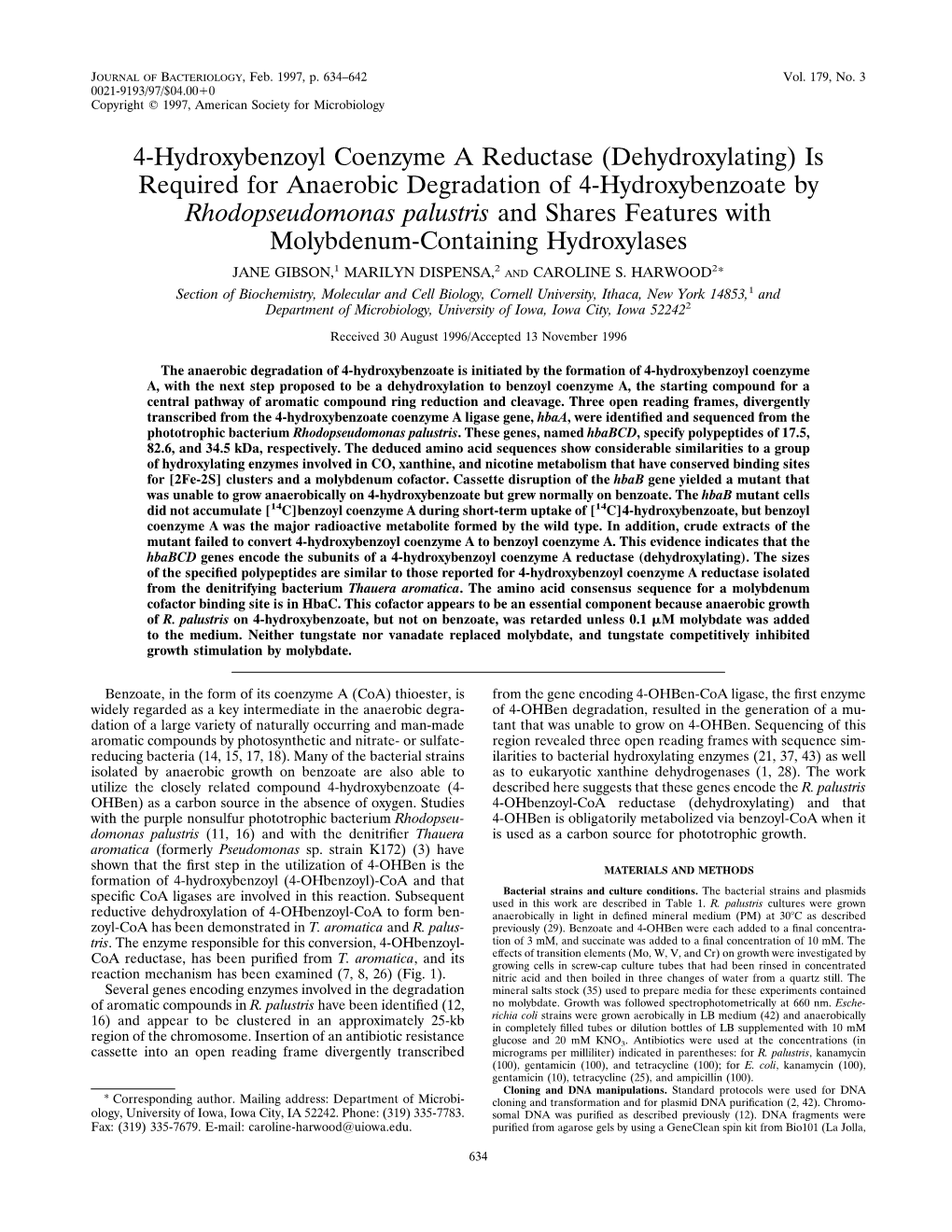 Is Required for Anaerobic Degradation of 4-Hydroxybenzoate by Rhodopseudomonas Palustris and Shares Features with Molybdenum-Containing Hydroxylases