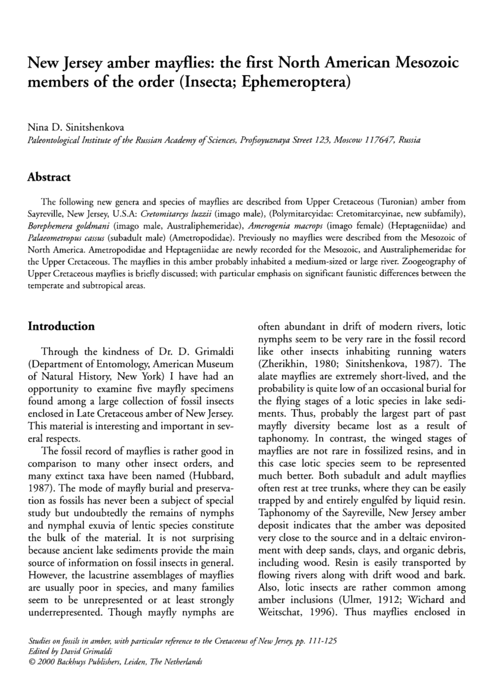 New Jersey Amber Mayflies: the First North American Mesozoic Members of the Order (Insecta; Ephemeroptera)