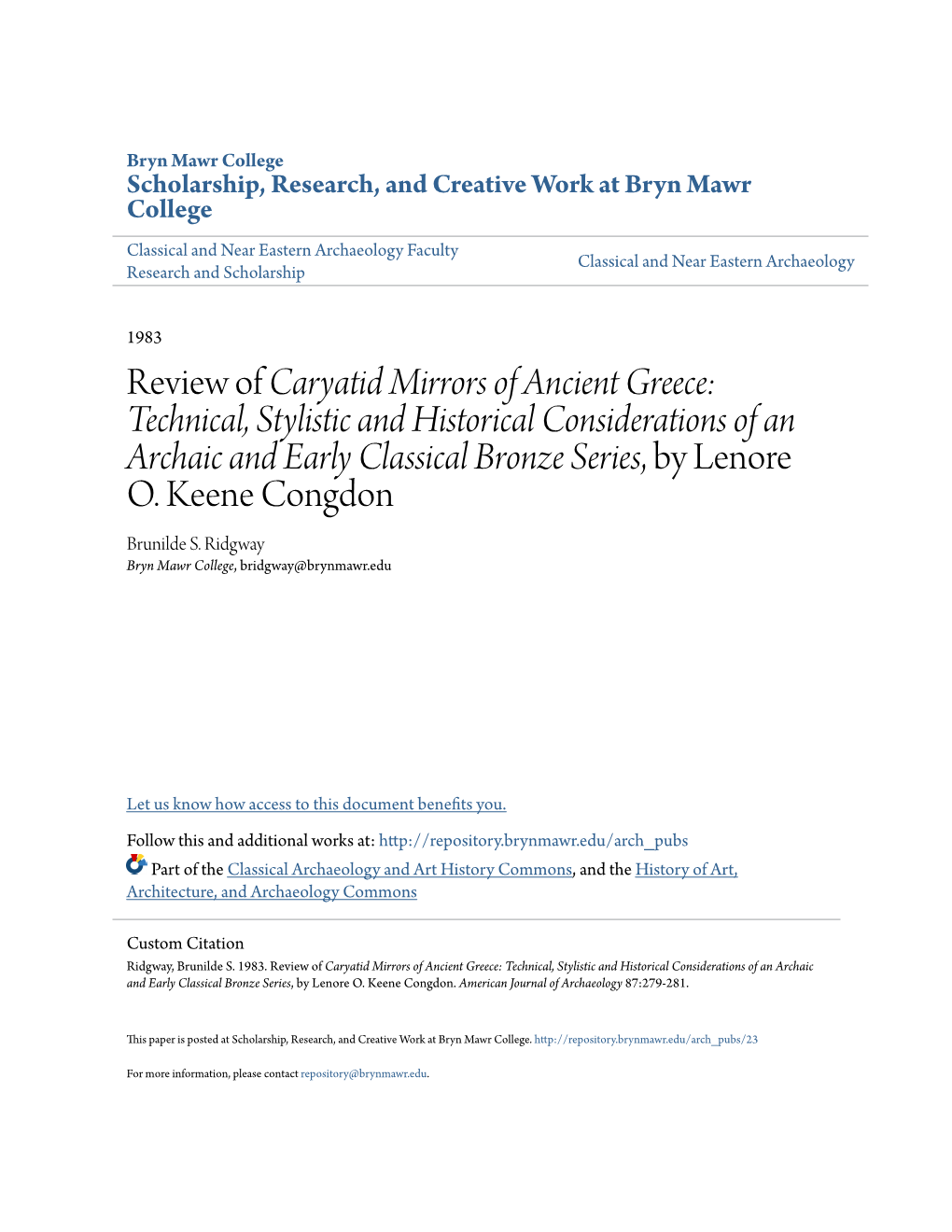 Review of Caryatid Mirrors of Ancient Greece: Technical, Stylistic and Historical Considerations of an Archaic and Early Classical Bronze Series, by Lenore O