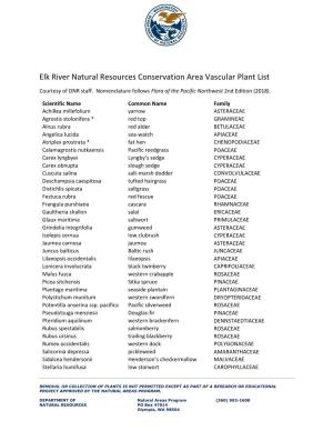 Elk River Natural Resources Conservation Area Vascular Plant List