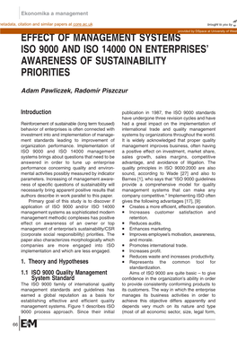 Effect of Management Systems Iso 9000 and Iso 14000 on Enterprises’ Awareness of Sustainability Priorities