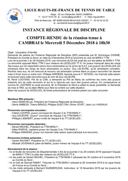 INSTANCE RÉGIONALE DE DISCIPLINE COMPTE-RENDU De