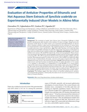 Evaluation of Antiulcer Properties of Ethanolic and Hot Aqueous Stem Extracts of Synclisia Scabrida on Experimentally Induced Ulcer Models in Albino Mice