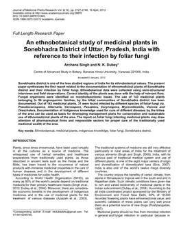 An Ethnobotanical Study of Medicinal Plants in Sonebhadra District of Uttar, Pradesh, India with Reference to Their Infection by Foliar Fungi