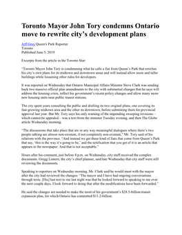 Toronto Mayor John Tory Condemns Ontario Move to Rewrite City's