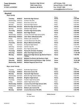 Team Schedule Baseball