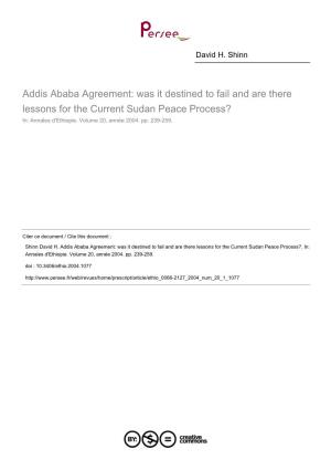 Addis Ababa Agreement: Was It Destined to Fail and Are There Lessons for the Current Sudan Peace Process? In: Annales D'ethiopie