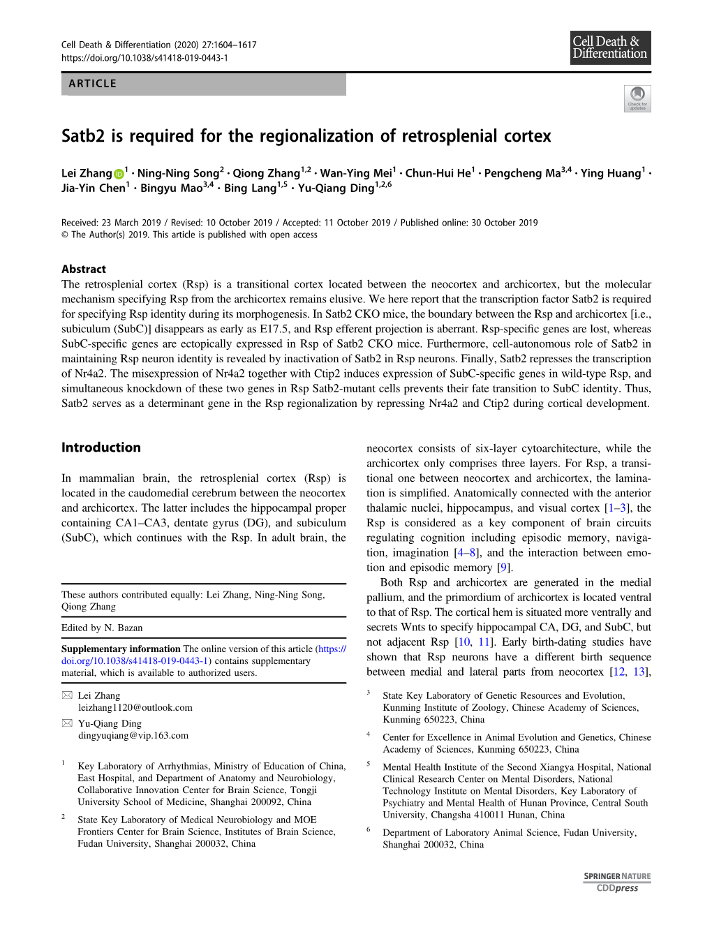 Satb2 Is Required for the Regionalization of Retrosplenial Cortex