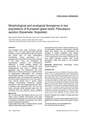 Morphological and Ecological Divergence in Two Populations of European Glass Lizard, Pseudopus Apodus (Squamata: Anguidae)