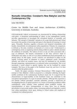 Nomadic Urbanities: Constant’S New Babylon and the Contemporary City