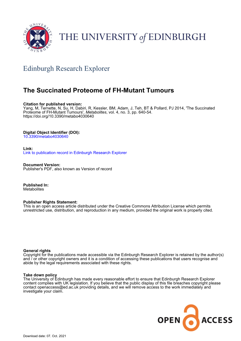 The Succinated Proteome of FH-Mutant Tumours