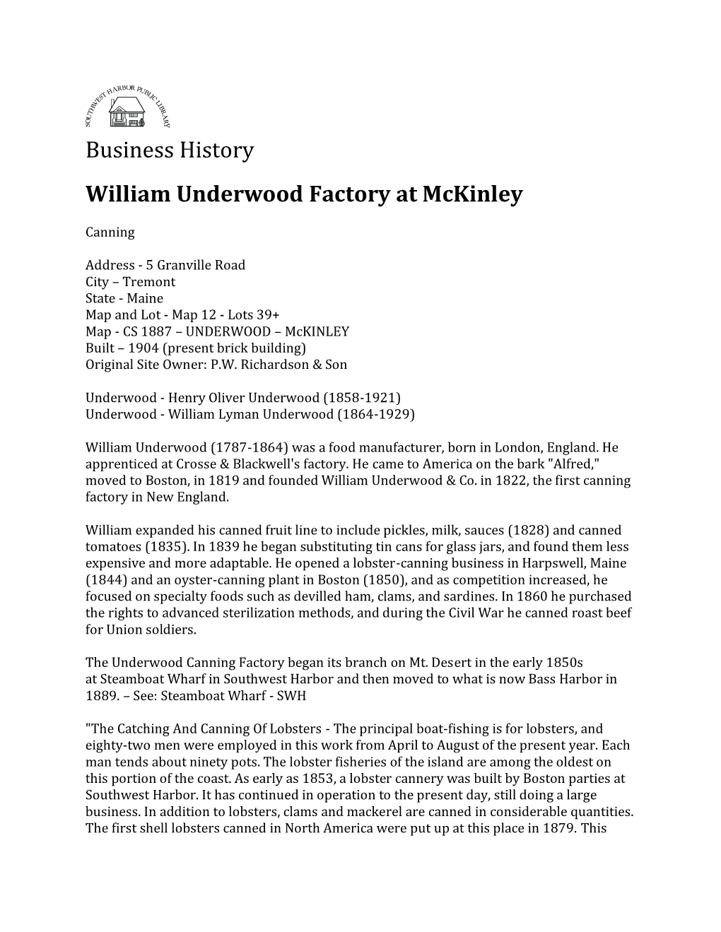 Business History William Underwood Factory at Mckinley