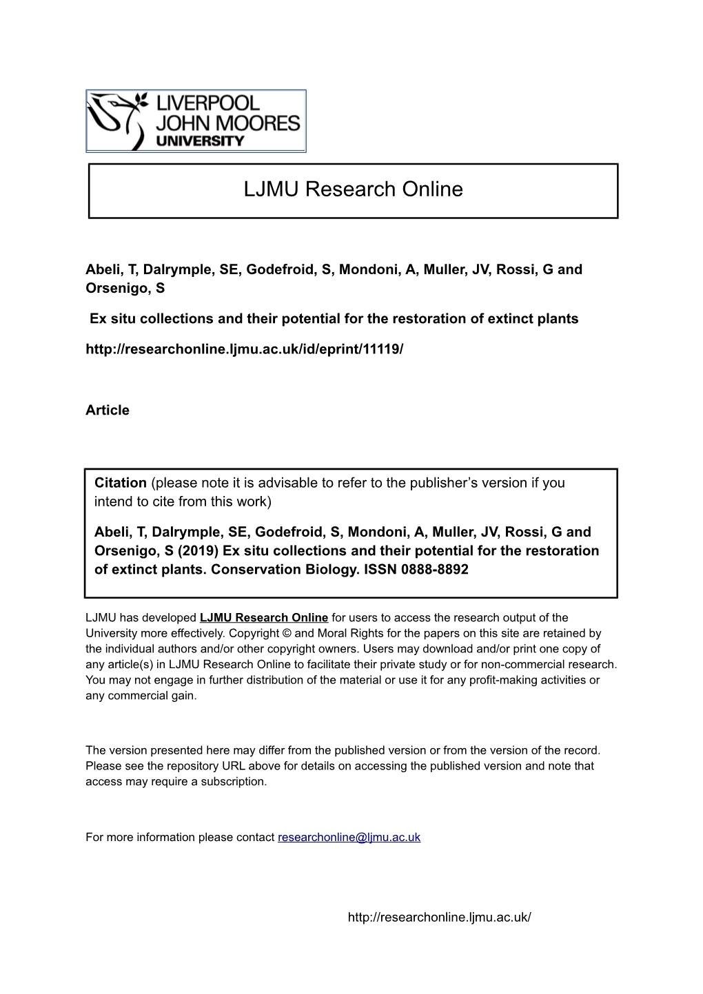 Ex Situ Collections and Their Potential for the Restoration of Extinct Plants