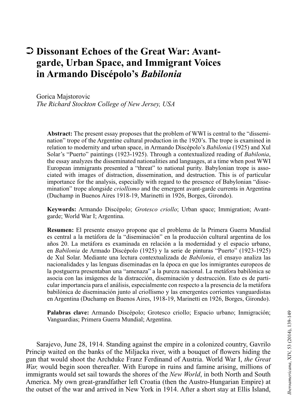 Garde, Urban Space, and Immigrant Voices in Armando Discépolo's